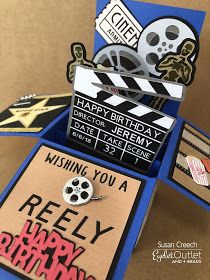 Eyelet Outlet: Wishing You A REELY Happy Birthday! Movie Theater Theme, Cards Design Ideas, Etsy Tutorial, 3d Cinema, Ticket Card, Movie Card, Birthday Card Handmade, Unique Birthday Cards, Pop Up Box Cards