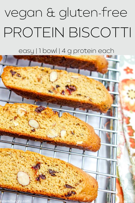 vegan gluten-free protein biscotti cooling on a wire cooling rack Protein Biscotti, Vegan Biscotti Recipe, Gluten Free Biscotti, Cookies For Breakfast, Gluten Free Protein, Vegan Quinoa, Healthy Baking Recipes, Protein Powder Recipes, Biscotti Recipe