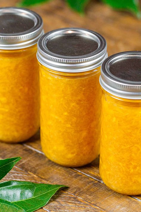 image of homemade mango jam made in a pretty mason jar Mango Jam Recipe Homemade, Mango Jam Recipe, Canning Veggies, Root Vegetable Gratin, Vegetable Gratin, Freezer Jam Recipes, Mango Jam, Ripe Mango, Jam Recipes Homemade