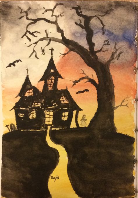 Haunted House Watercolor Painting, Watercolor Haunted House, Haunted House Watercolor, Easy Haunted House, Scouts Activities, Haunted House Drawing, David Whyte, Simple House Drawing, House Drawing For Kids