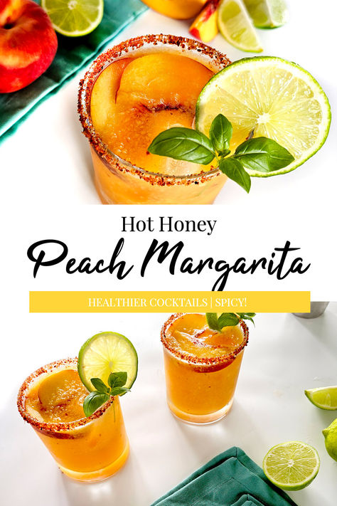 Hot Honey Peach Margarita Honey Margarita, Peach Margarita Recipes, Gluten Free Cocktails, Peach Margarita, Honey Simple Syrup, Low Carb Cocktails, Healthy Cocktails, Peach Puree, Alcoholic Cocktails