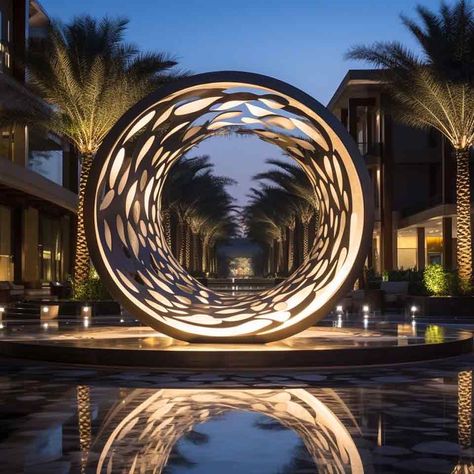 circle sculpture, metal circle sculpture, light sculpture, hollow sculpture, large sculpture, outdoor sculpture, art sculpture, circle art sculpture, large metal sculpture Steel Artwork, White Villa, Water Sculpture, Desert Bloom, Architectural Lighting Design, Sculpture Exhibition, Pool Art, Public Artwork, Concrete Sculpture