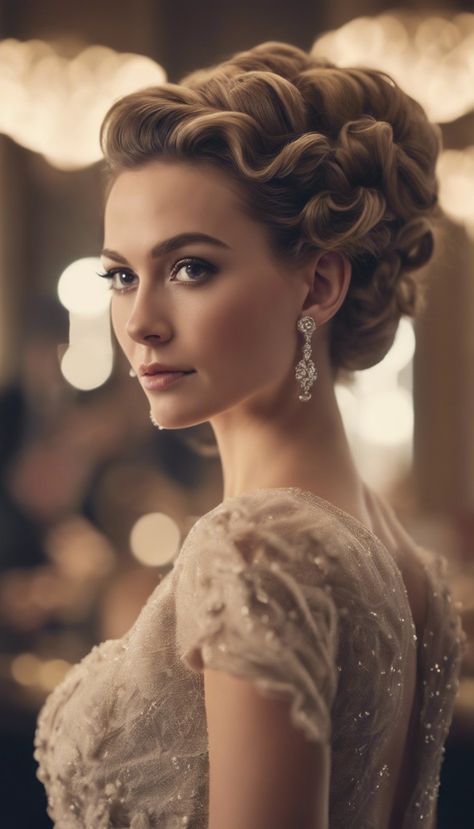 Updos For Long Hair Vintage, Bridgerton Updo Hairstyles, Victorian Updo Hairstyles, Vintage Wedding Hair Updo, Hairstyles For Prom With Bangs, Masquerade Ball Hairstyles, Vintage Updo Hairstyles, Fairytale Hairstyles, Bridgerton Hairstyles