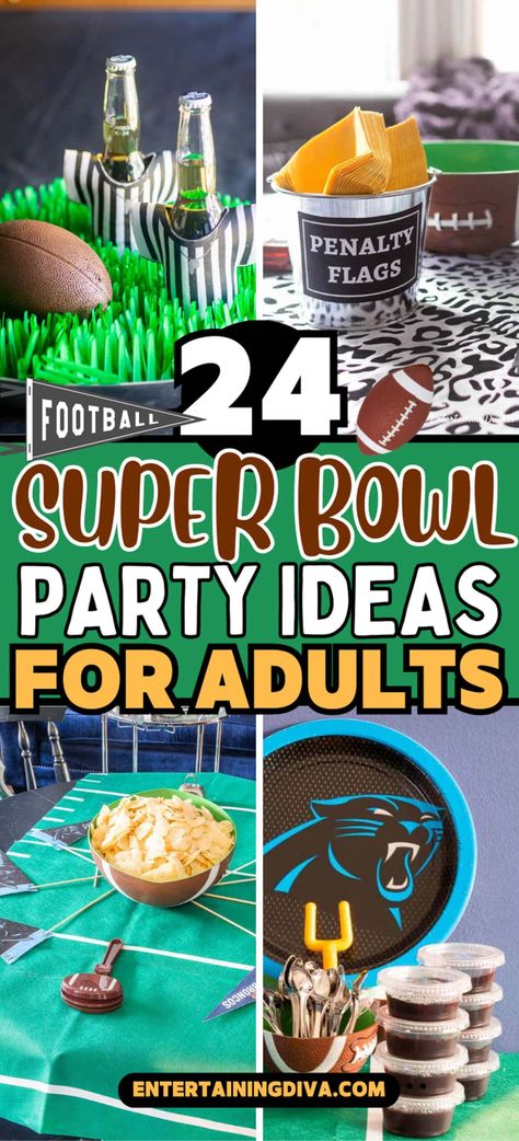 Super Bowl Party Ideas For Adults | Super Bowl Party Football Party Appetizers, Super Bowl Party Ideas, Football Party Ideas, Snack Stadium, Superbowl Party Games, Super Bowl Decorations, Party Ideas For Adults, Football Party Foods, Nacho Bar