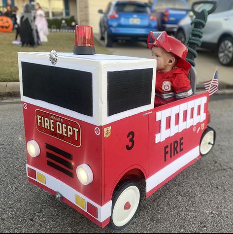 Wonderfold Wagon Firetruck, Family Of 3 Halloween Costumes Firefighter, Turn Wagon Into Firetruck, Diy Firetruck Wagon Cardboard, Trunk Or Treat Ideas Firetruck, Diy Fire Truck Cardboard, Firetruck Wagon Diy, Wagon Fire Truck Diy, Diy Firetruck Cardboard