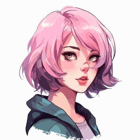 Anime Female With Short Hair, Short Pink Hair Anime Female, Pink Haired Character Art, Short Hair Anime Drawing, Anime Women With Short Hair, Character Design Short Hair, Short Pink Hair Anime, Short Hair Drawing Girl, Short Hair Women Drawing