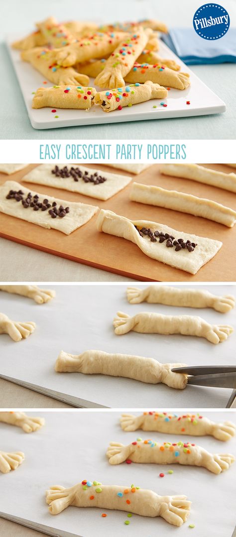 Here's a party snack everyone will love: Easy Crescent Party Poppers! The kids can't have champagne to ring in the new year, but they can have chocolate! These poppers bring the fun with chocolate "confetti" inside! Kids Nye Appetizers, Nye Breakfast For Kids, Nye Treats For Kids, New Years Snack Ideas For Kids, New Years Food Kids, At Home Nye Party Ideas Kids, New Years Kids Snacks, Nye Party Food For Kids, New Year’s Eve Snacks For Kids