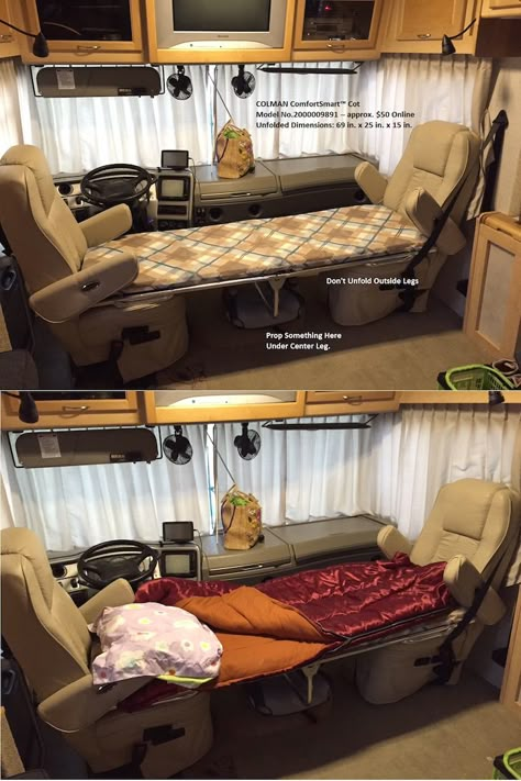 Adding a cot to a Class A motorhome Kombi Trailer, Motorhome Living, Astuces Camping-car, Motorhome Remodel, Class A Motorhome, Kombi Motorhome, Stealth Camping, Tenda Camping, Camper Organization