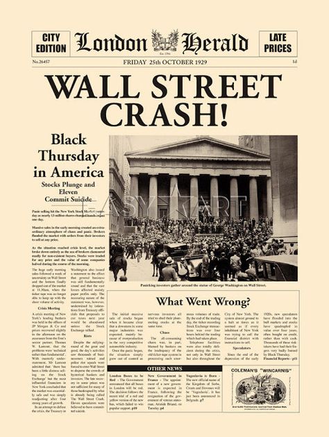 Wall Street Crash, Herbert Hoover, Newspaper Front Pages, Times Newspaper, Stock Market Crash, Newspaper Headlines, Historical Newspaper, Vintage Newspaper, 10% Happier