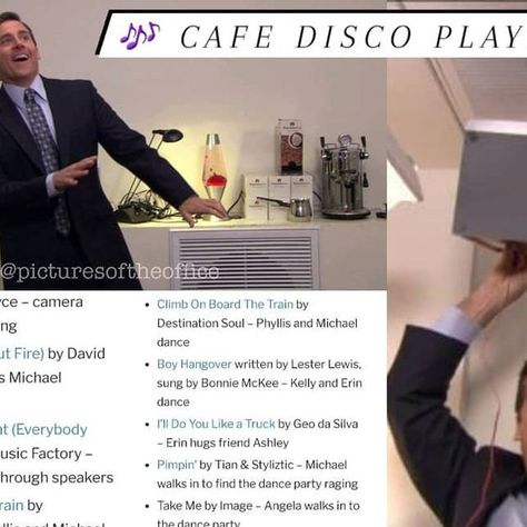 Pictures of The Office | Sam on Instagram: "Here's a list of the music played during the Cafe Disco episode. Have you ever had an Office themed party? 🎶🎶🎶🎶
*I found this list on @officetally's website*
I realize some songs are repeated on the list, I didn't make the list sorry about that. 
#theoffice #dundermifflin #scranton #onset #behindthescenes #picturesoftheoffice #cafedisco #party #music #playlist #stevecarell #michaelscottpapercompany" The Office Cafe Disco, Michael Scott Paper Company, Party Music Playlist, Office Themed Party, Steve Carell, Party Music, Party Rock, Dunder Mifflin, The Cafe