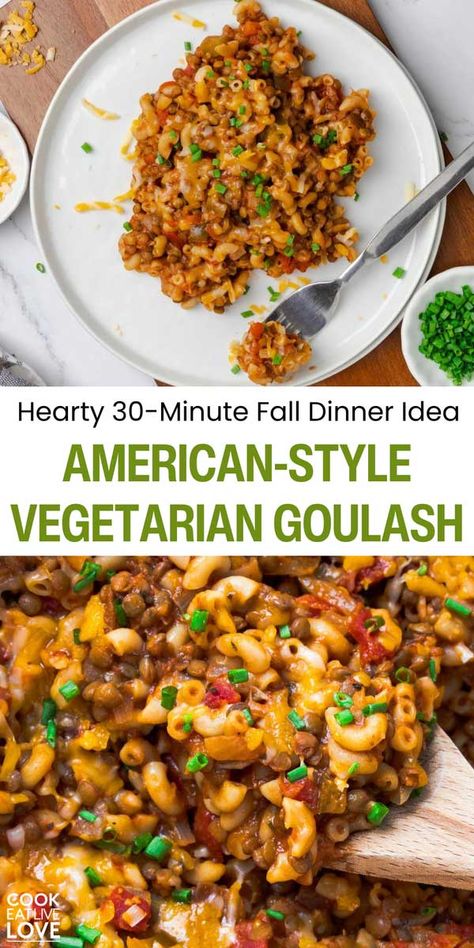 Warm up with this delicious Vegetarian Goulash, the ultimate easy fall dinner idea! Ready in just 30 minutes, this hearty dish is a great way to enjoy a comforting, flavorful meal without spending hours in the kitchen. Elbow macaroni and a plant-based protein cook in a zesty tomato sauce that’s packed with so much flavor! Whether you’re cooking for the family or just for yourself, this goulash is sure to become a fall favorite! #falldinneridea #comfortfood #easyvegetariandinnerrecipes Vegan Goulash Recipes, Vegetarian Goulash Recipes, Vegetarian Goulash, Pickled Beet Salad, Easy Fall Dinner, Cheap Vegetarian Meals, Easy Fall Dinners, Autumn Recipes Vegetarian, Tofu Recipes Vegan