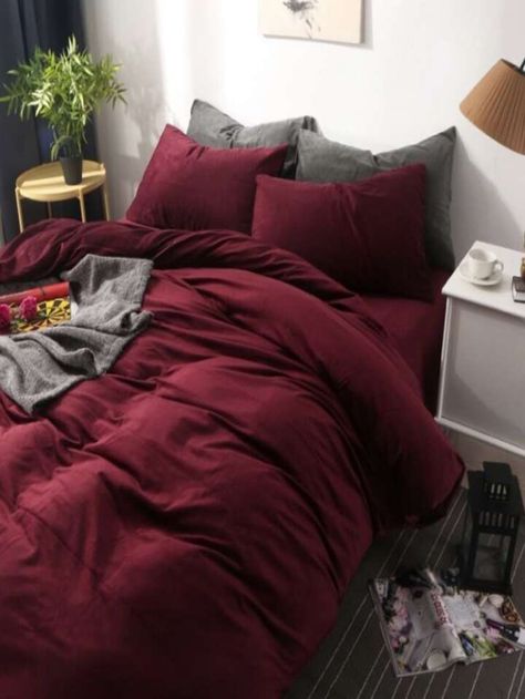 3pcs Wine Red Duvet Cover Set Made Of Soft Microfiber Material With 4 Corner Ties And Zipper Closure, Including 2 Pillowcases And 1 Comforter Cover | SHEIN USA Burgundy Bed Sheets, Dark Red Bedding, Maroon Comforter, Cherry Red Bedroom, Burgundy Bed, Maroon Bedding, Homemade Bed Frame, Red Bedroom Ideas, Burgundy Bedding