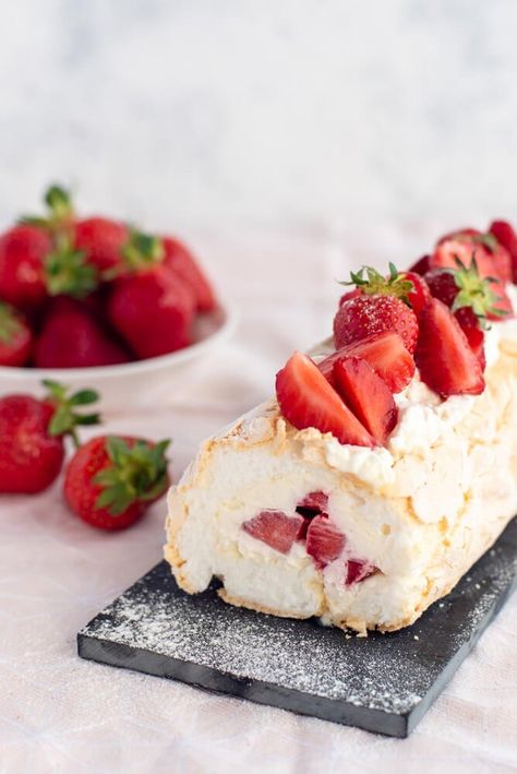 Strawberry Meringue Roulade Recipe - The Gourmet Larder Marscapone Cream, Strawberry Mascarpone, Meringue Roulade, Roulade Recipe, Strawberry Meringue, Cake Rolls, Mascarpone Cream, White Cakes, Cream Cheese Eggs