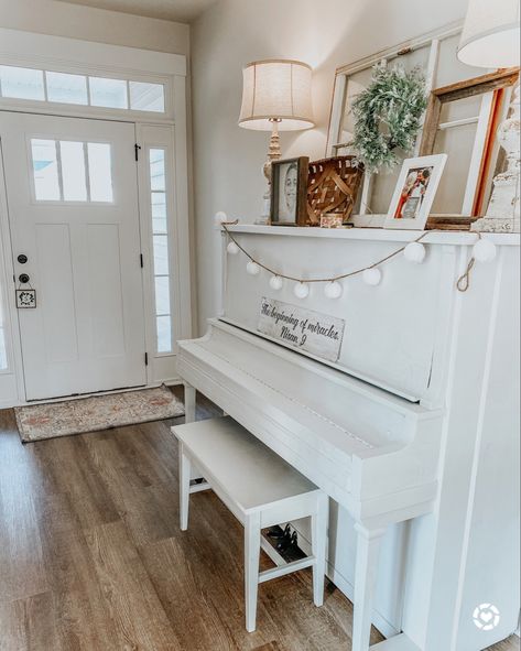 Upright Piano In Entryway, Foyer With Piano Entryway, Modern Farmhouse Piano Room, Piano Hallway Entryway, Piano Entryway Ideas, Piano In Foyer Entryway, Upright Piano Entryway, Entryway With Piano, White Piano Decor