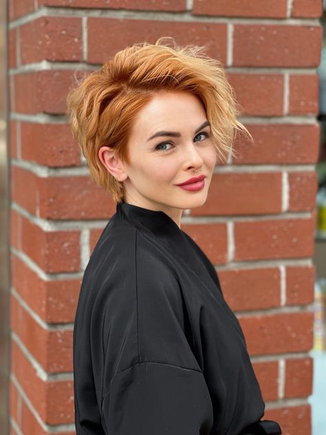 Red Hair Pixie Haircut, Short Golden Copper Hair, Red Hair With Blonde Highlights 2023, Ginger Hair Short Pixie, Red And Blonde Pixie, Copper Blonde Hair Short, Cowboy Copper Pixie, Pixie Ginger Hair, Ginger Blonde Hair Short