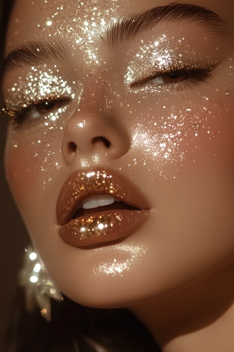 Glitter Skin Makeup, Gold Glitter Photoshoot, Gold Fairy Makeup, Makeup Shoot Ideas Photoshoot, Aesthetic Christmas Makeup, Eye Makeup Brown Skin, Acotar Makeup, New Years Make Up, Winter Glam Makeup