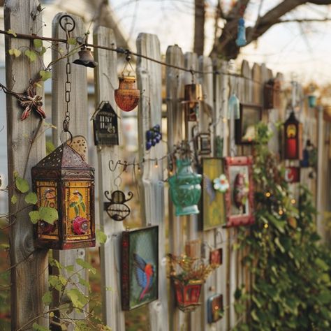 10 inventive fence decorating ideas Wood Fence Decorations, Outdoor Fence Decor Ideas, Wooden Fence Decorating Ideas, Shadow Box Fence, Office Shelf Decor, Outdoor Fence Decor, Fence Decorating Ideas, Hanging String Lights, Simple Geometric Pattern