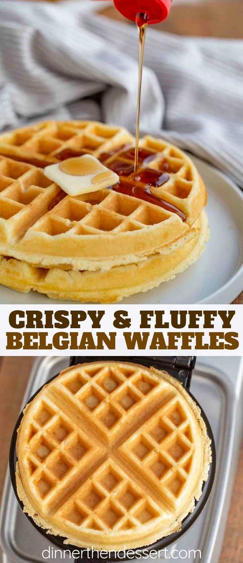 Belgian Waffles are crispy on the outside and fluffy on the inside and EASY to make; ready in only a few minutes with pantry ingredients! #breakfast #brunch #waffles #belgianwaffles #dinnerthendessert Light And Fluffy Waffle Recipe, Light Crispy Waffle Recipe, Waffles In Waffle Maker, Fluffy Belgian Waffles, Waffle Batter Recipe Belgian, How To Make Crispy Waffles Recipe, Belgian Pancake Recipe, Light And Fluffy Waffles, Easy Fluffy Waffle Recipe