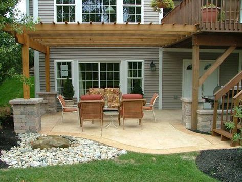 25 Amazing Walkout Basement Backyard Ideas - Our Blue Ridge House Concrete Patio Under Deck, Walkout Basement Patio, Patio Under Decks, Basement Patio, Under Deck, Concrete Patios, Under Decks, Patio Deck Designs, Stamped Concrete Patio