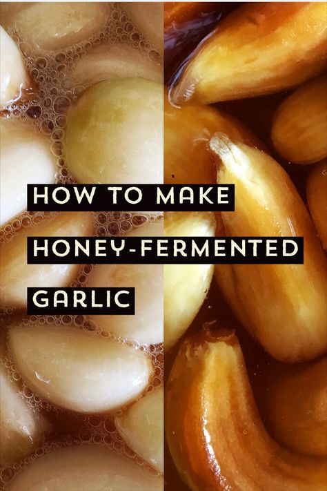 The picture is divided in half to show garlic cloves during and after fermentation in honey. The left image shows light cloves surrounded by bubbling honey, actively fermentation.The right half shows golden brown cloves after the active fermentation period. How To Make Garlic Honey, Fermenting Garlic In Honey, Honey Garlic Ferment, Masontops Fermentation Recipes, Fermented Garlic Honey Benefits, Honey And Garlic Remedy, Garlic Honey Medicine, Fermenting Garlic, Honey Fermented Garlic