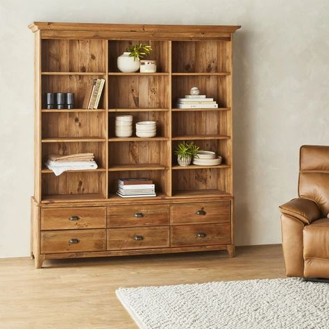 Library Shelving, Wooden Shelving, Dining Room Hutch, Library Shelves, Library Wall, Timber Furniture, Standing Shelves, Reclaimed Timber, Home Office Organization