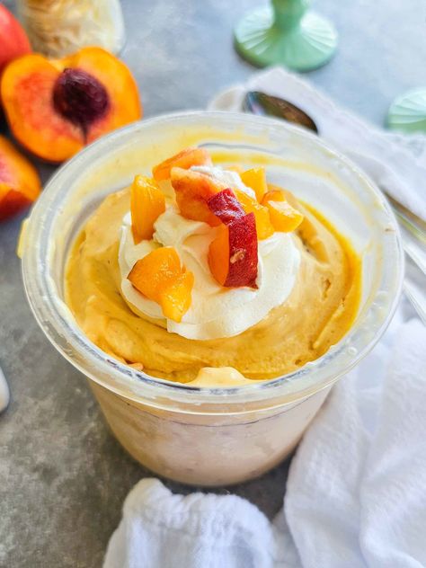 Smooth and creamy Ninja Creami peach cream-this stuff is SO good! My fav Ninja Creami ice cream recipe so far, simple, quick and easy. Perfect fall recipe. Ninja Creami Recipe, Ninja Creami, Peach Cream, Fall Recipe, Peaches And Cream, Kiss The Cook, Peach Recipe, Ice Cream Recipe, Peaches Cream