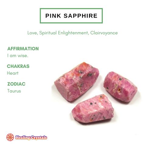 Pink Sapphire Crystal Meaning, Pink Sapphire Meaning, Rock Meanings, Affirmation Crystals, Sapphire Meaning, Animal Identification, Sapphire Necklace Gold, Crystal Cards, Pink Sapphire Necklace