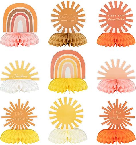 Sun Centerpieces, Sun Table Decor, Sun Centerpiece Ideas, Sun Birthday Party, Rainbow Table, Sun Birthday, First Trip Around The Sun, Sunshine Baby Showers, Boho Elements