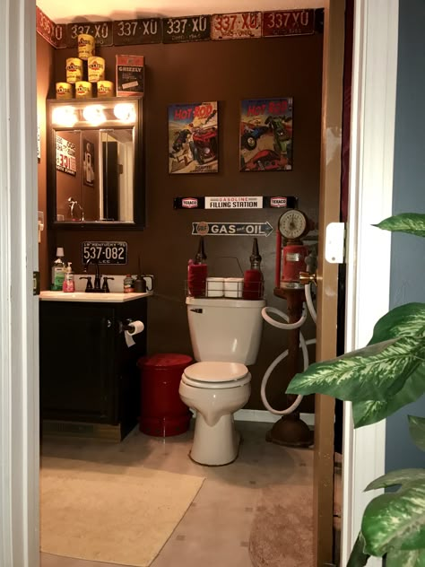 Gasoline alley Automotive Bathroom Ideas, Diner Bathroom, Man Cave Bathroom Ideas, Guy Bathroom, Barber Shop Bathroom, Garage Bathroom Ideas, Office Washroom, Bathroom For Men, Vintage Shop Ideas