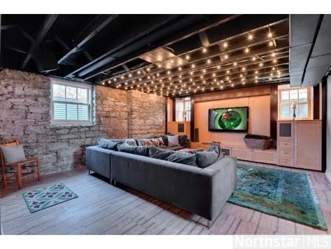 Unfinished basement Idea Condo Goals, Unfinished Basement Ceiling, Basement Ceiling Options, Unfinished Basement Ideas, Basement Lighting, Basement Layout, House Basement, Basement Gym, Basement Redo