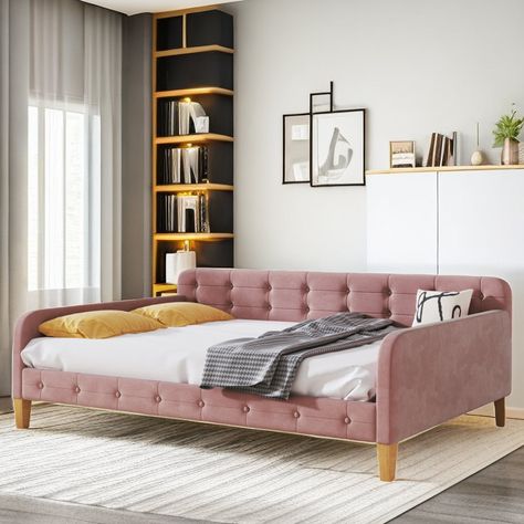 Mercer41 Tyere Velvet Daybed with Button Tufted Backrest and Solid Wood Legs | Wayfair Full Size Daybed, Sofa Bed Frame, Daybed Design, Daybed Bedding, Velvet Design, Upholstered Daybed, Modern Addition, Beds And Headboards, Pink Bedding