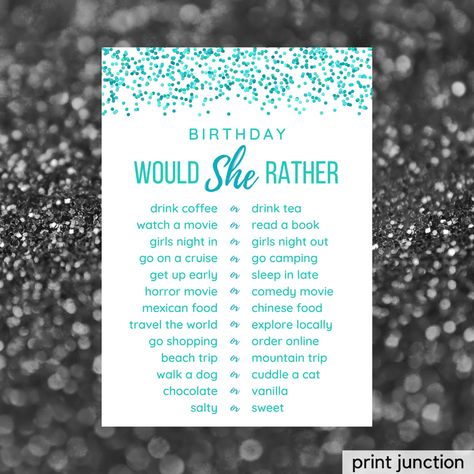 Birthday Would She Rather - Printable Birthday Games - Would She Rather 30th Birthday Game - Birthday Games - Birthday Game - Birthday Girl This Or That Birthday Edition, Birthday Questions, 40th Birthday Games, Printable Birthday Games, 30th Birthday Games, Sweet 13, Teenage Birthday Party, Mother's Day Coupons, Teenage Birthday