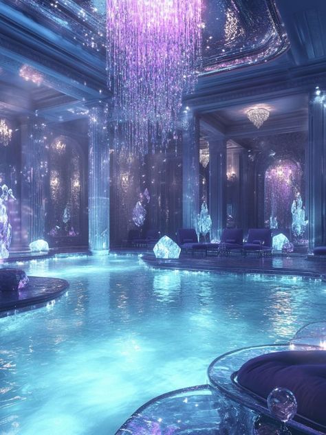 Aquatic Room Aesthetic, Moon Architecture, Indoor Pool Ideas, Ocean Palace, Kelly Aesthetic, Dream House Entrance, Aesthetic Luxe, Elegant Pool, Insane Pools