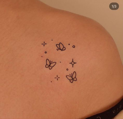 tattoo inspo, butterfly tattoo, spark tattoo, simple tattoo, thin line tattoo Artist Tattoo Ideas, Cute Small Tattoo Ideas, Small Tattoo Design, Art Tattoo Design, Tattoo Ideas Unique, Tattoo S, Unique Tattoo Ideas, Small Girly Tattoos, Small Shoulder Tattoos