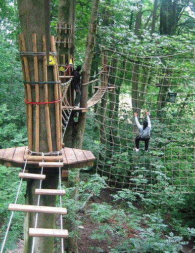 ANNIVERSARY: Do a ropes course/ ziplining ! Eat at mideval times if close by. If not maybe stay at a hotel and explore Backyard Obstacle Course, High Ropes Course, Rope Bridge, Backyard Adventure, Tree House Designs, Ropes Course, Natural Playground, Indoor Design, Playground Design