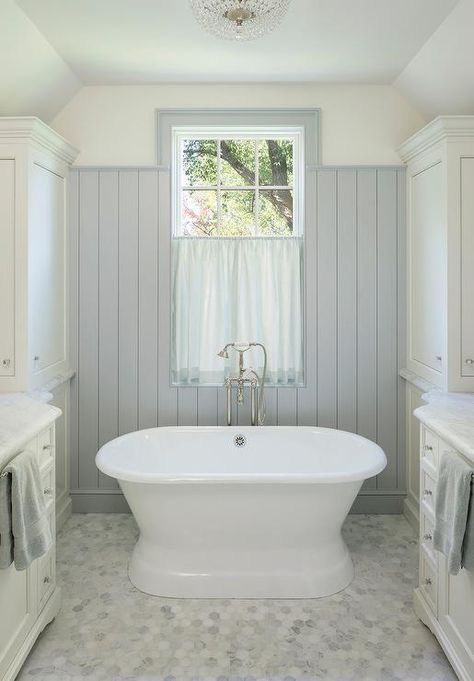 Window Above Tub, Modern Dutch Colonial, Shiplap Nursery, Remodeling Bedroom, Small Basement Remodeling, Gray Shiplap, Vertical Shiplap, Restroom Ideas, Gray And White Bathroom