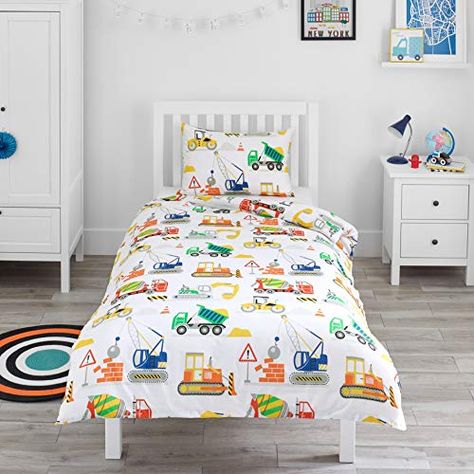 Bloomsbury Mill - Construction Vehicles - Trucks, Diggers & Cranes - Kids Bedding Set - Junior/Toddler/Cot Bed Duvet ... Toddler Cot, Bed Duvet, Toddler Bed Set, Kids Bedding Sets, Double Duvet Covers, Boys Bedding, Single Duvet Cover, Cot Bedding, Childrens Beds