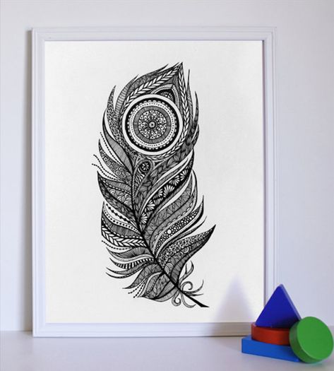 Peacock Feather Print Aztec Design Black white Original | Etsy Peacock Feather Drawing, Mandala Feather, Peacock Feather Print, Feather Illustration, Peacock Feather Tattoo, Feather Drawing, Design Mandala, Doodle Art Drawing, Mandala Art Lesson