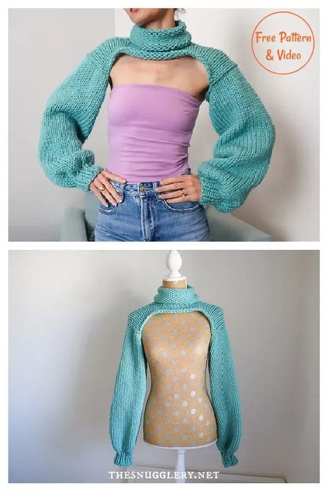 Bolero Shrug Sleeves Free Knitting Pattern and Video Tutorial Knit Half Sweater, Cool Knitting Patterns Free, Shrug Sweater Knitting Pattern Free, Bolero Shrug Knitting Pattern, Sleeved Scarf Knitting Pattern, Bolero Pattern Knitted, Only Sleeves Sweater, Ballet Shrug Crochet Pattern, Knitted Shrug Patterns Free