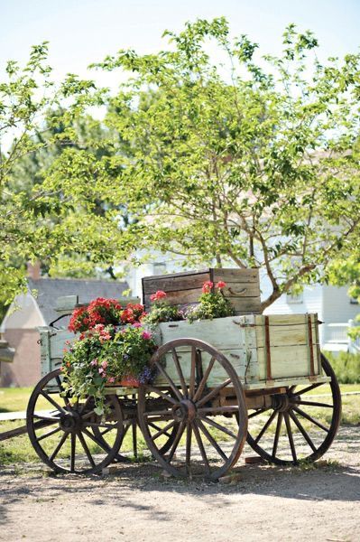 Wagons With Flowers, Ranch Driveway, Flower Wagon, Flower Carts, Donkey Cart, Wagon Ideas, Antique Wagon, Farm Wagons, Horse Drawn Wagon