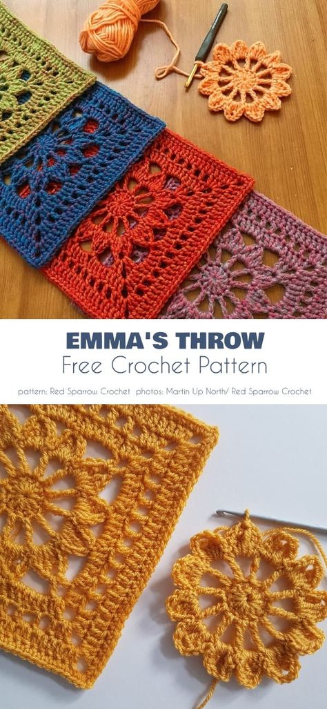 Emma Blanket, Free Crochet Patterns Pretty Crochet Granny Squares, Tuscany Crochet Pattern, Crochet Quilt Pattern Squares, German Crochet Patterns, Beautiful Granny Square Crochet, Crochet Motifs Square, Square Motif Crochet Pattern Free, Three Color Granny Square Blanket, Granny Square Sampler Blanket