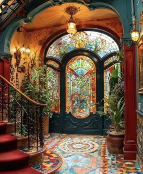 Artistic House Exterior, Victorian Decor Interior Design, Old Fashion House Decor, Paris House Interior, Stained Glass Cottage, Art Nouveau Houses, Art Nouveau Home Interior Design, Art Nouveau Architecture Interior, Maximalist Architecture