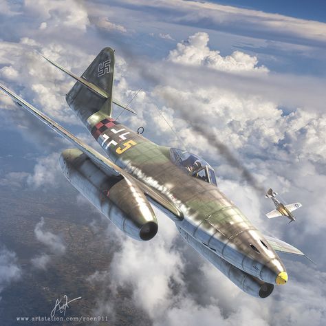 German Me-262 (Swallow), the first operational jet to see combat. ArtStation - Aviation Archive Issue 34, Antonis Karidis German Camouflage, Messerschmitt Me 262, Luftwaffe Planes, Me 262, Wwii Fighter Planes, Wwii Airplane, Wwii Fighters, Aircraft Painting, Wwii Plane