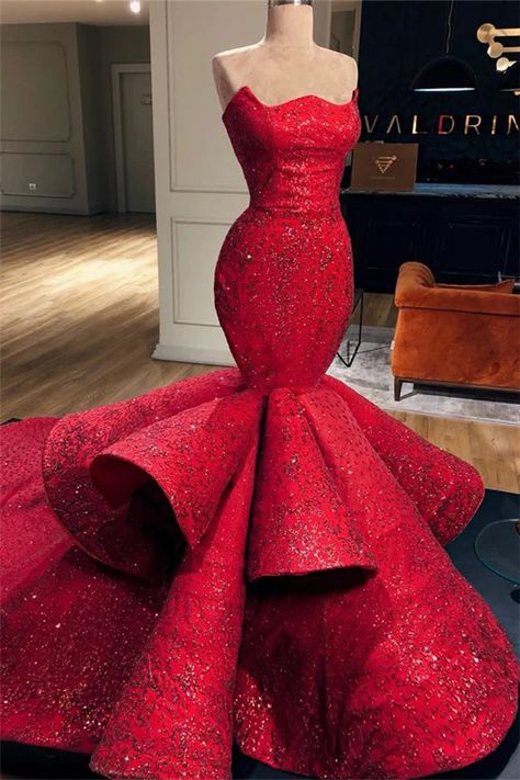 Red Evening Gowns, Ruffle Prom Dress, Mermaid Style Dress, Red Mermaid, Strapless Prom Dresses, Floor Length Prom Dresses, Graduation Dresses, Prom Dresses Sleeveless, Sequin Prom Dresses