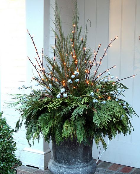 lighted branches and greens Christmas Planter, Christmas Urns, Holiday Planter, Winter Planter, Christmas Planters, Natural Christmas, Christmas Arrangements, Christmas Porch, Noel Christmas