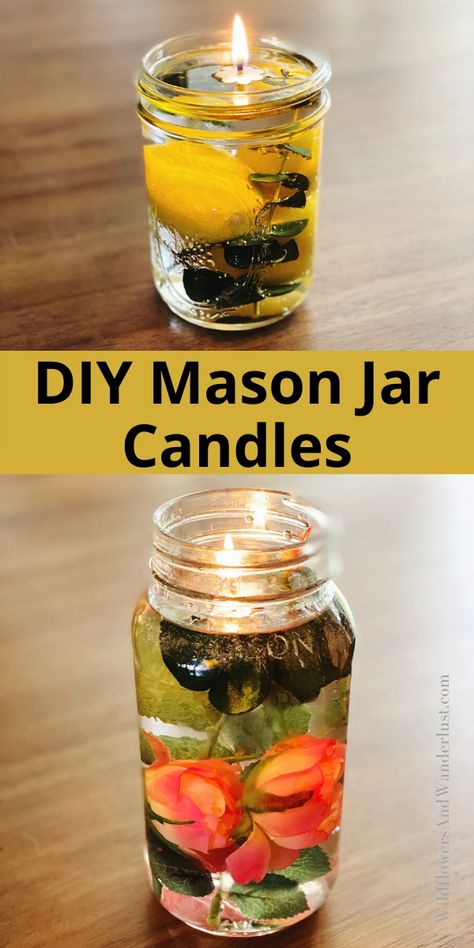 Make your own mason jar candles with our quick tutorial and inspiration.  Gather a few items from your yard and some clear glass containers and you're already halfway there.  These oil candles are a beautiful addition to your tabletop! WildflowersAndWanderlust.com Diy Mason Jar Oil Candles, Mason Jar Oil Lamp Diy, Olive Oil Candles Diy, Forever Candles Diy, Ag Activities, Mason Jar Oil Candle, Oil Candles Diy, Scented Mason Jar Candles, Candle Diy Mason Jar