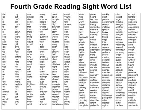 4th Grade Sight Words Printable Grade 3 Sight Words Free Printable, 4th Grade Sight Word List, Fourth Grade Sight Words, Fourth Grade Worksheets Free Printables, Grade 4 Sight Words, 3rd Grade Sight Words Free Printable, 4th Grade English Worksheets, Grade 4 Spelling Words, Spelling Words For 4th Grade