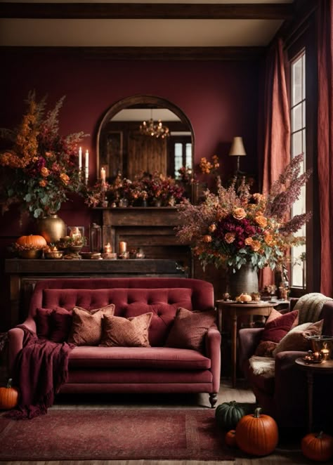 Salons Cottage, Fall Interior Design, Burgundy Living Room, Red Living Room, Moody Living Room, Autumn Interior, Moody Decor, Fall Living Room, Interior Wall Paint