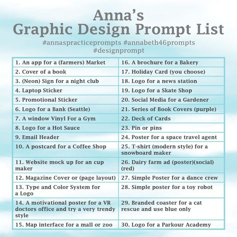 Graphic Designing Prompts, Graphic Design Practice Ideas, Adobe Illustrator Prompts, Graphic Design Challenge Ideas, Graphic Design Brief Ideas, Graphic Design Portfolio Prompts, Graphic Design Challenges, Graphic Design Prompts 30 Day, Logo Design Prompts