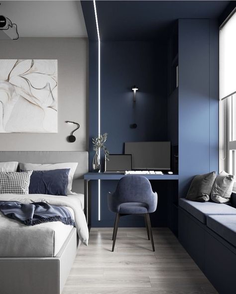 Blue Bedroom Design, Bedroom Color Combination, Modern Minimalist Bedroom, Minimalist Bedroom Design, Bedroom Wall Colors, Kids Interior Room, Blue Bedroom, Home Room Design, Minimalist Bedroom